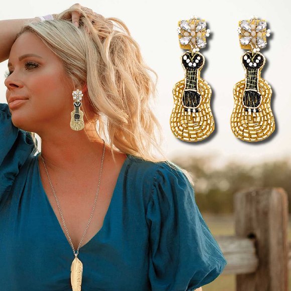 Gold Sparkle Gem Beaded Guitar Western Boho Style Cowgirl Earrings NEW - Picture 1 of 1